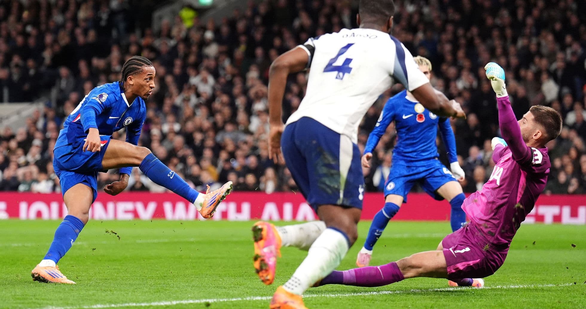 Chelsea player shoots on goal against Tottenham