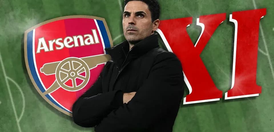 Arsenal manager in front of club logo and lineup text
