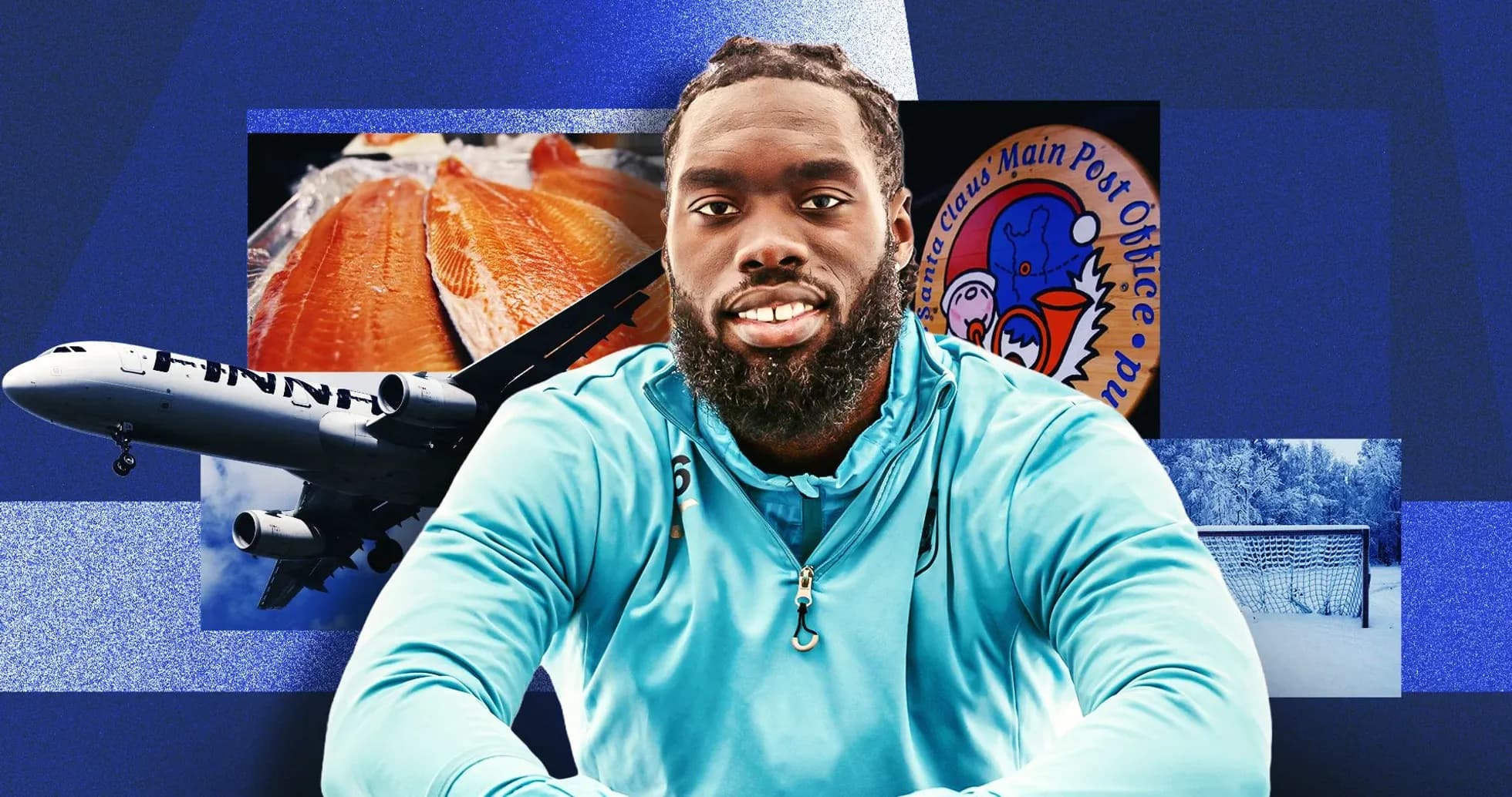 Athlete posing with various images in background