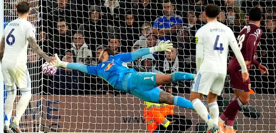 Goalkeeper making a save during West Ham vs Leeds