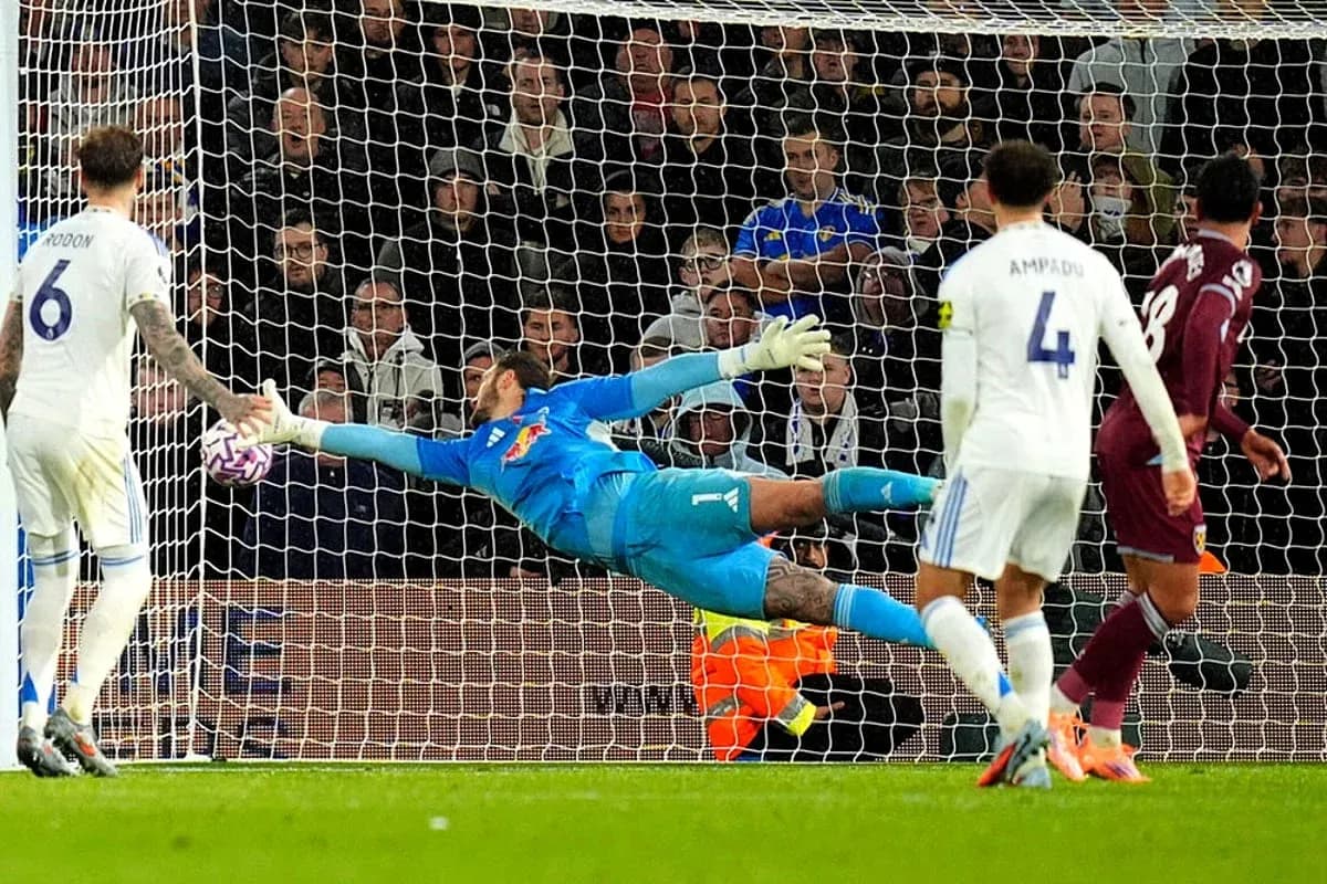 Goalkeeper making a save during West Ham vs Leeds