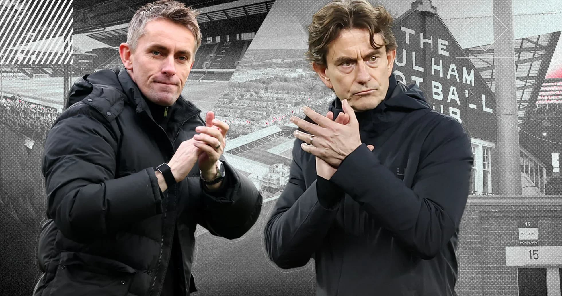 Two football managers applauding at a stadium