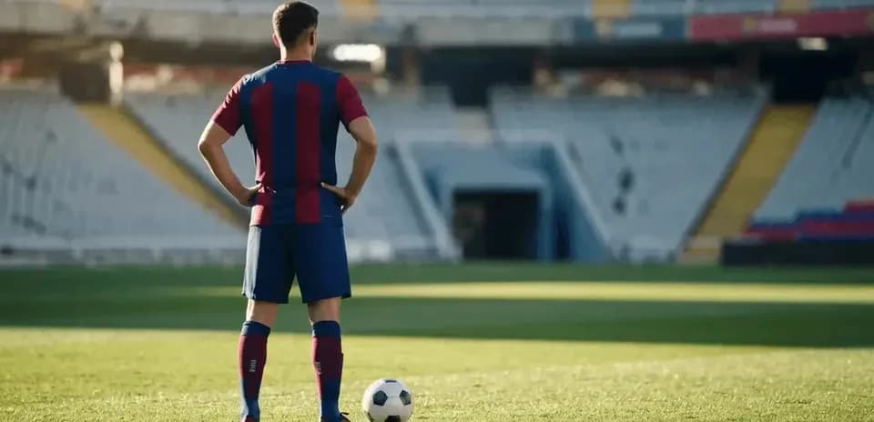 Player in FC Barcelona kit standing by ball