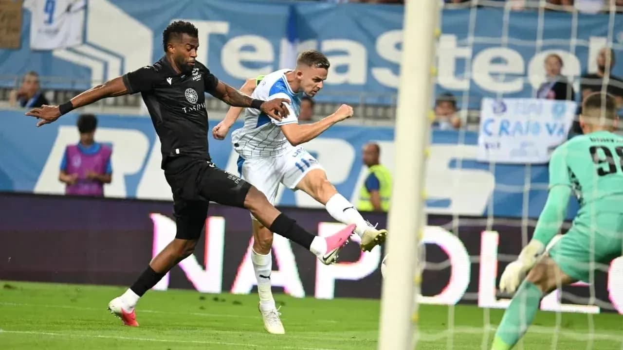 Ararat-Armenia player shooting on goal against Craiova