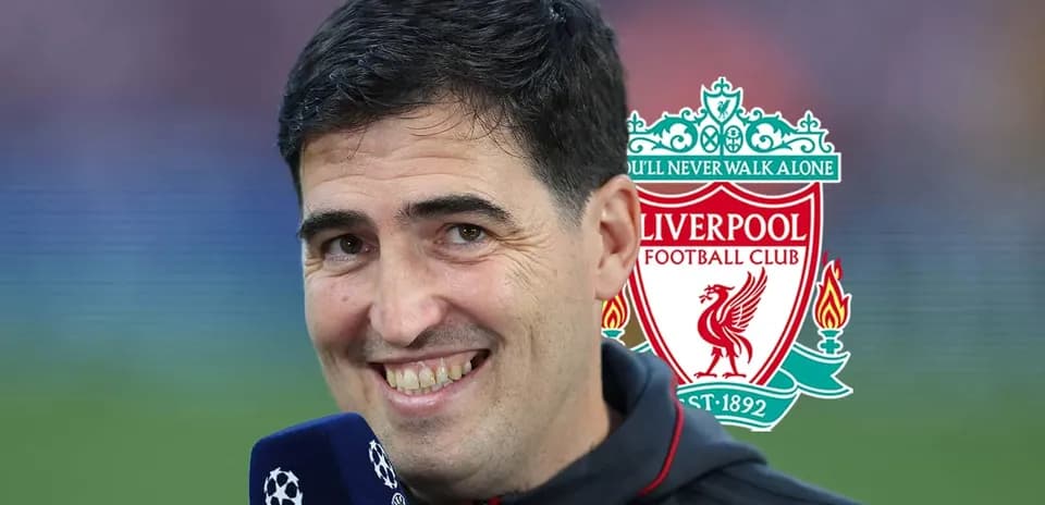 Presenter speaking with Liverpool FC logo in background