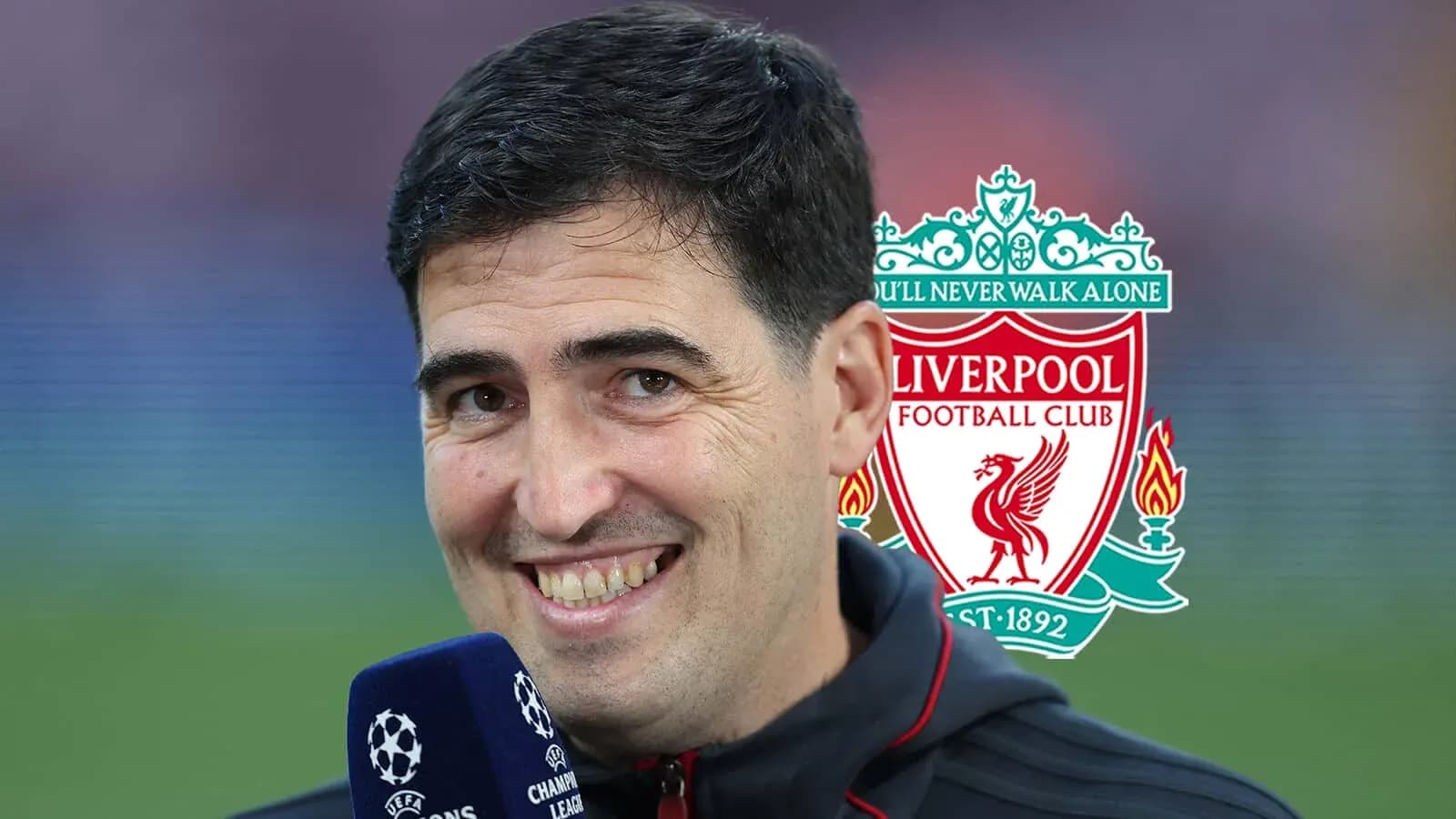 Presenter speaking with Liverpool FC logo in background