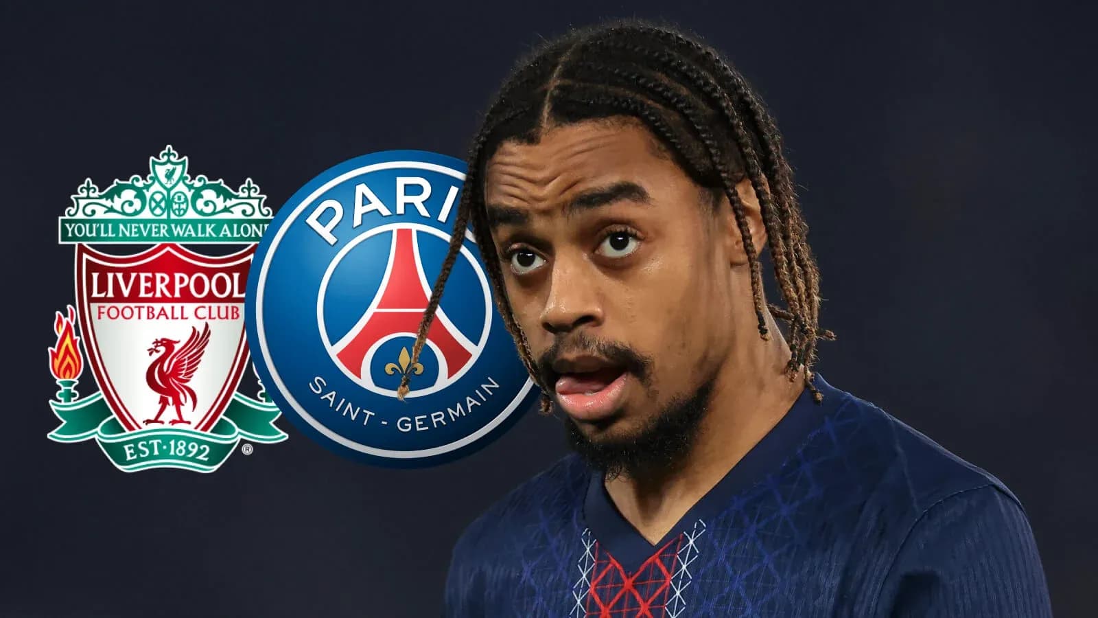 Player in PSG kit with club logos in background