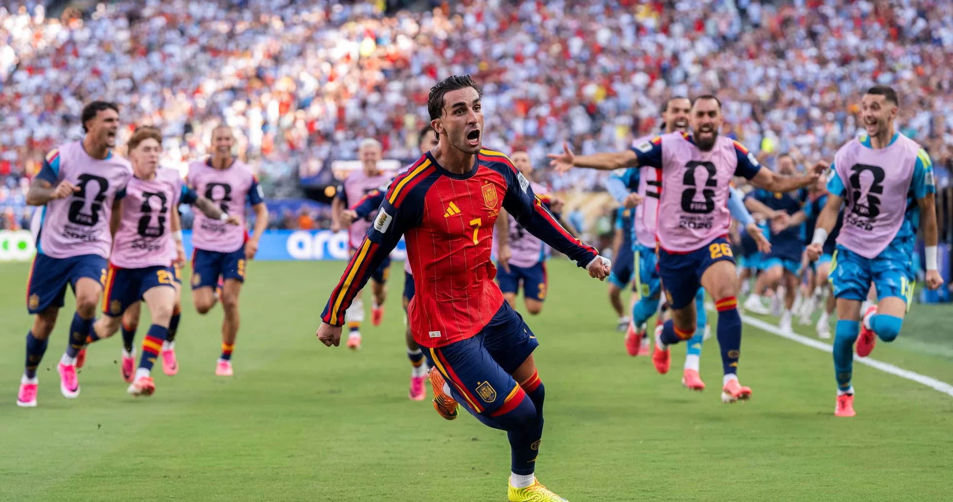 Spain players celebrating a goal during match