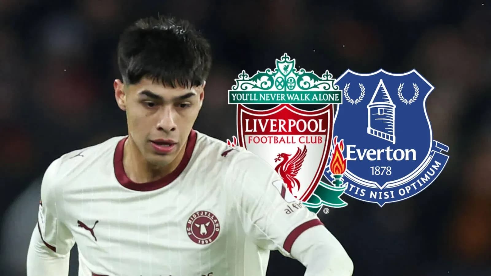 Player in action with Liverpool and Everton logos