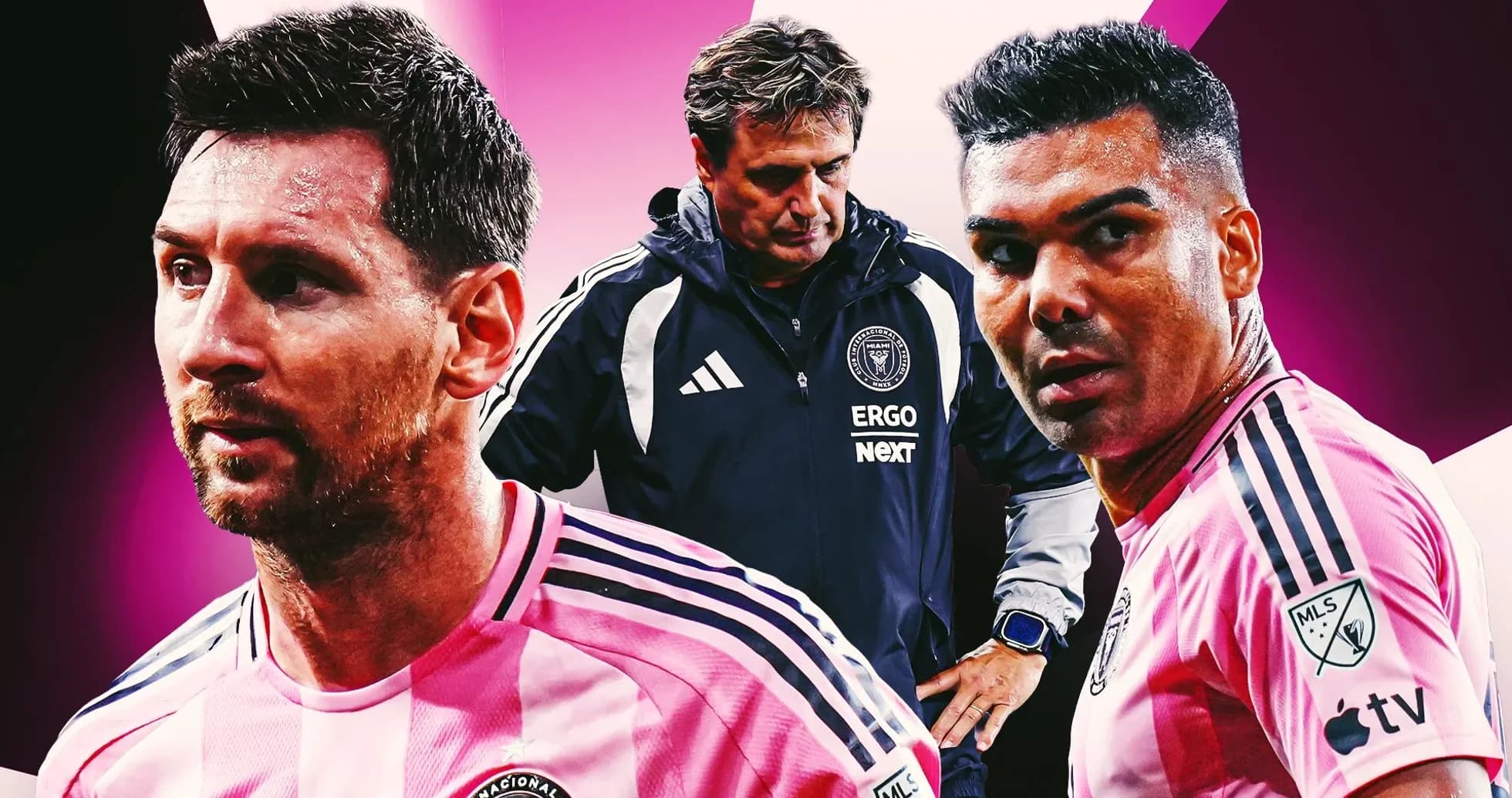 Lionel Messi and Casemiro with coach in background