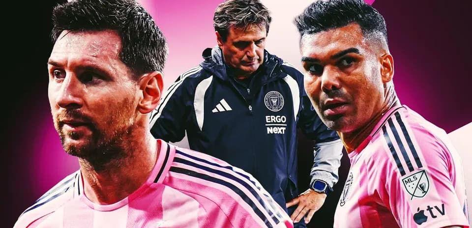 Lionel Messi and Casemiro with coach in background