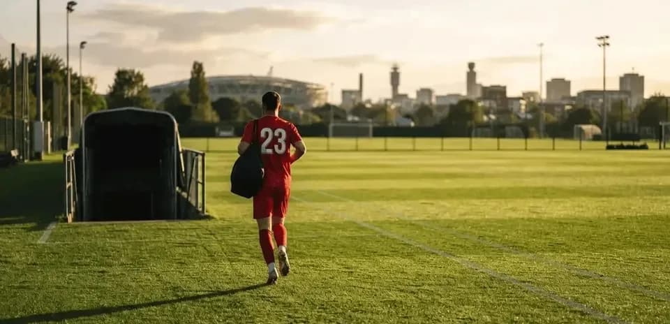 Player in red kit walking onto training pitch