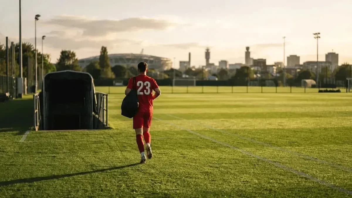Player in red kit walking onto training pitch