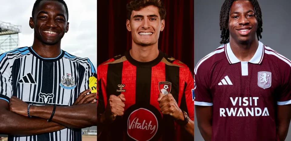 Three football players in team jerseys posing together