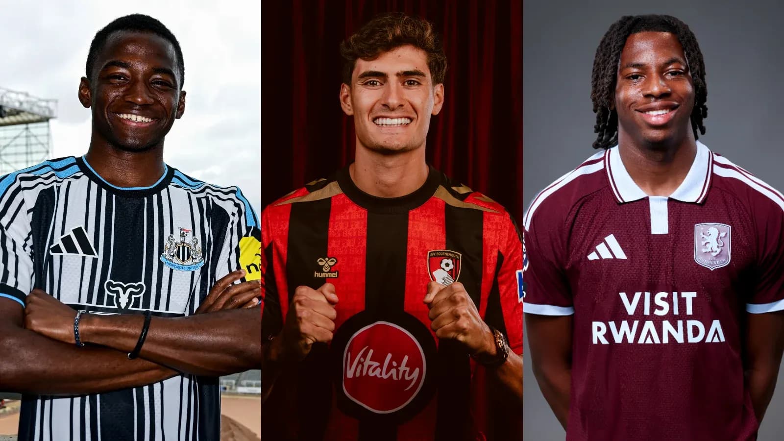 Three football players in team jerseys posing together