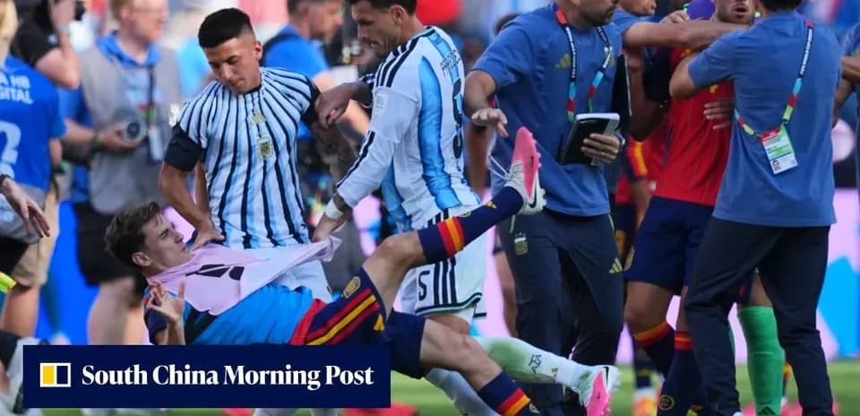 Players from Argentina and Spain in a heated confrontation