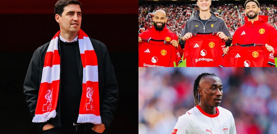 Manager with Liverpool scarf and two Manchester United players