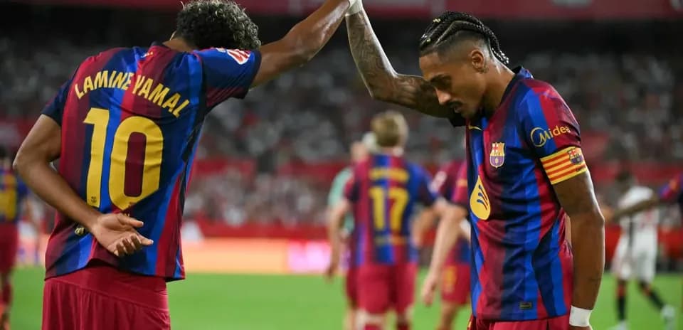 Barcelona players celebrating during Sevilla match