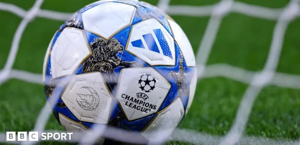 Close-up of UEFA Champions League soccer ball in goal