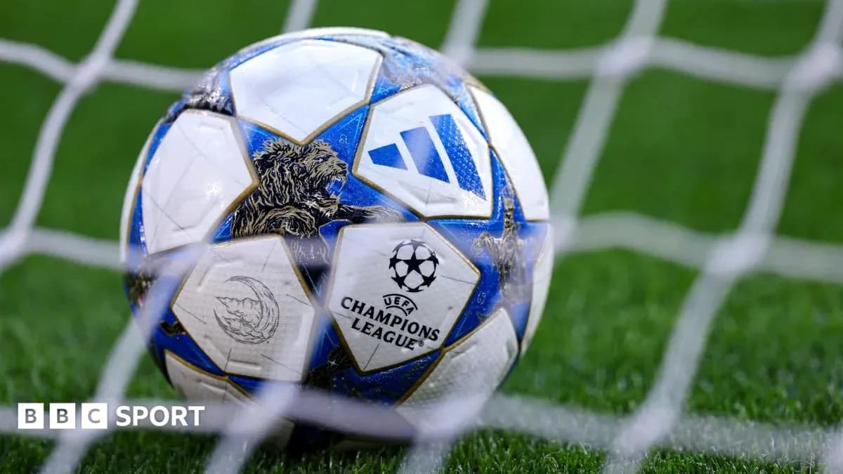Close-up of UEFA Champions League soccer ball in goal