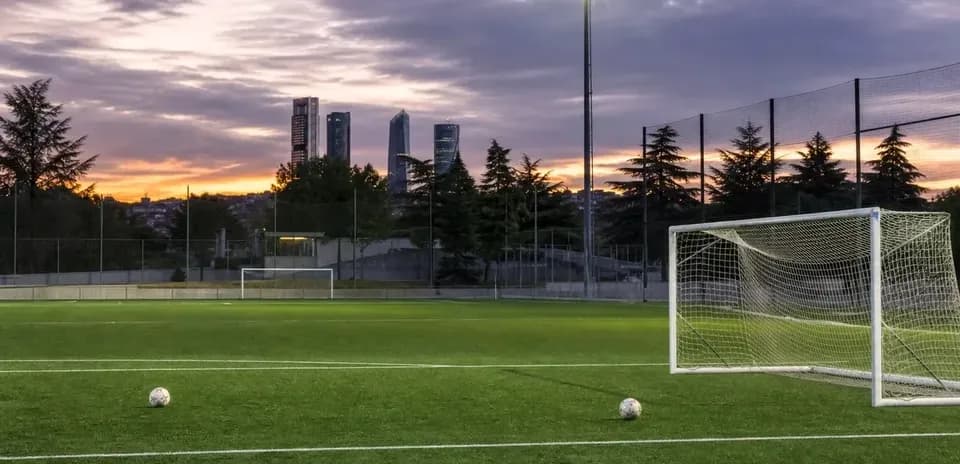 Football field with two balls and city skyline