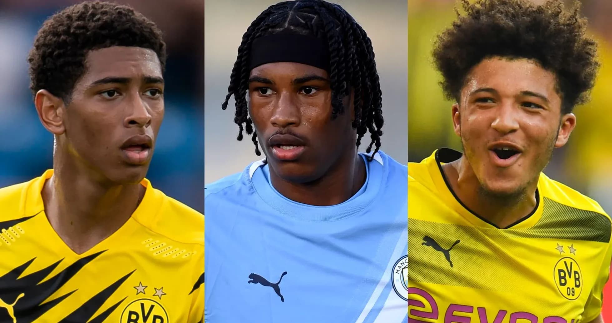Three young football players in club jerseys