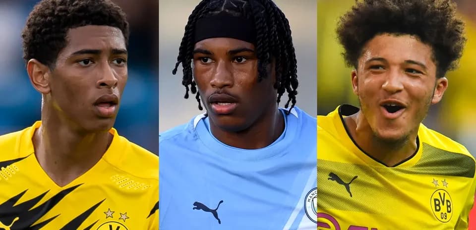 Three young football players in club jerseys