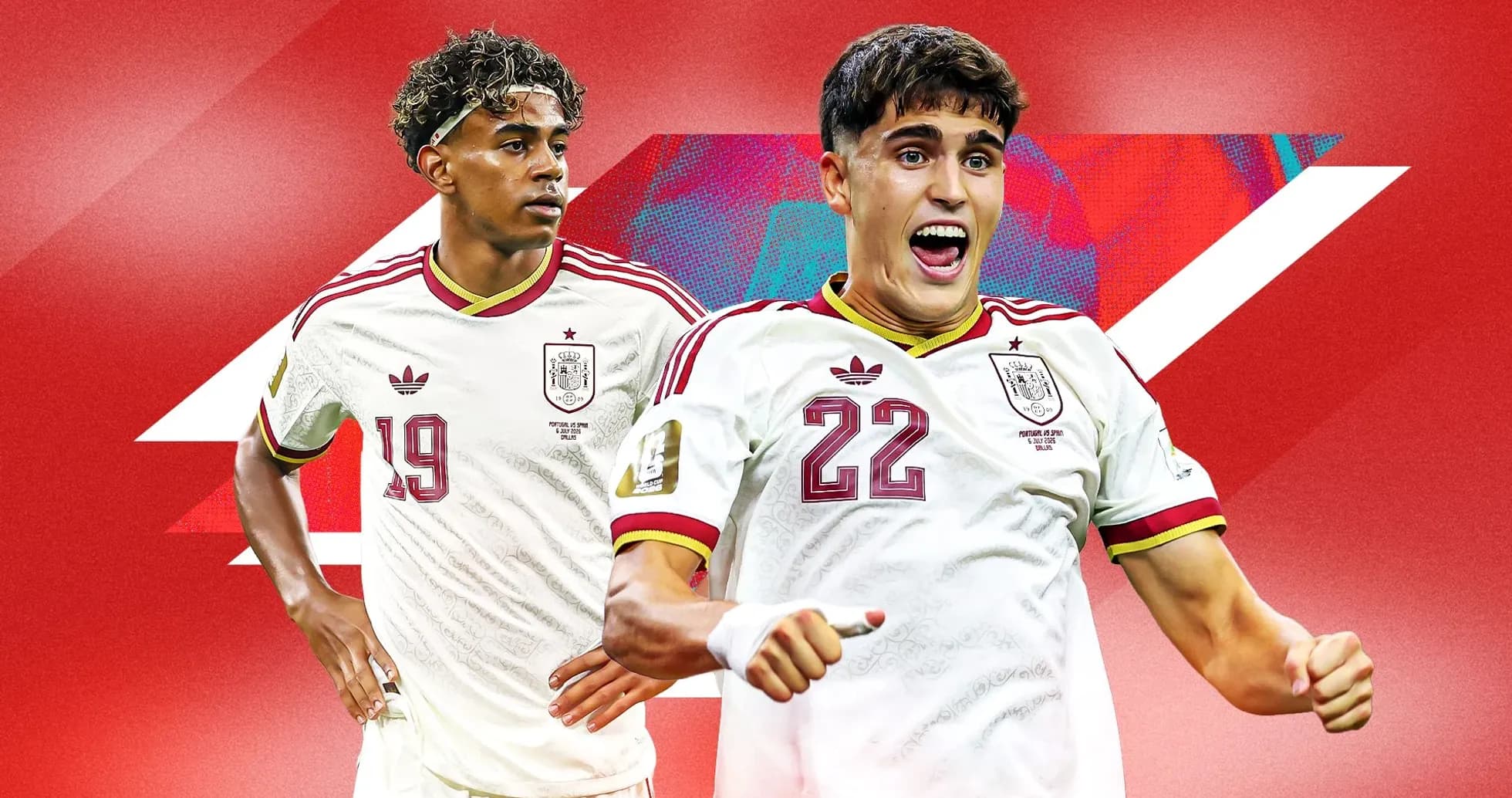 Two Spanish football players in national team jerseys