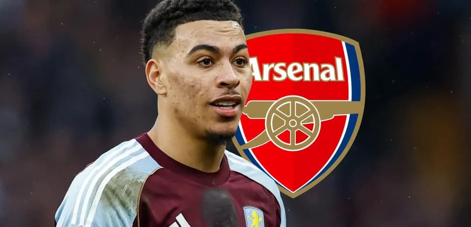 Player wearing Aston Villa kit with Arsenal logo background