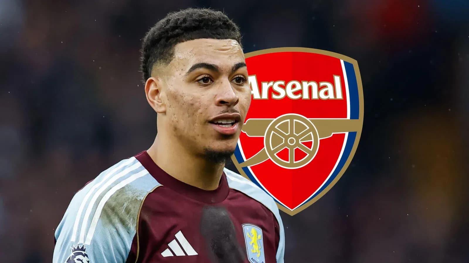 Player wearing Aston Villa kit with Arsenal logo background