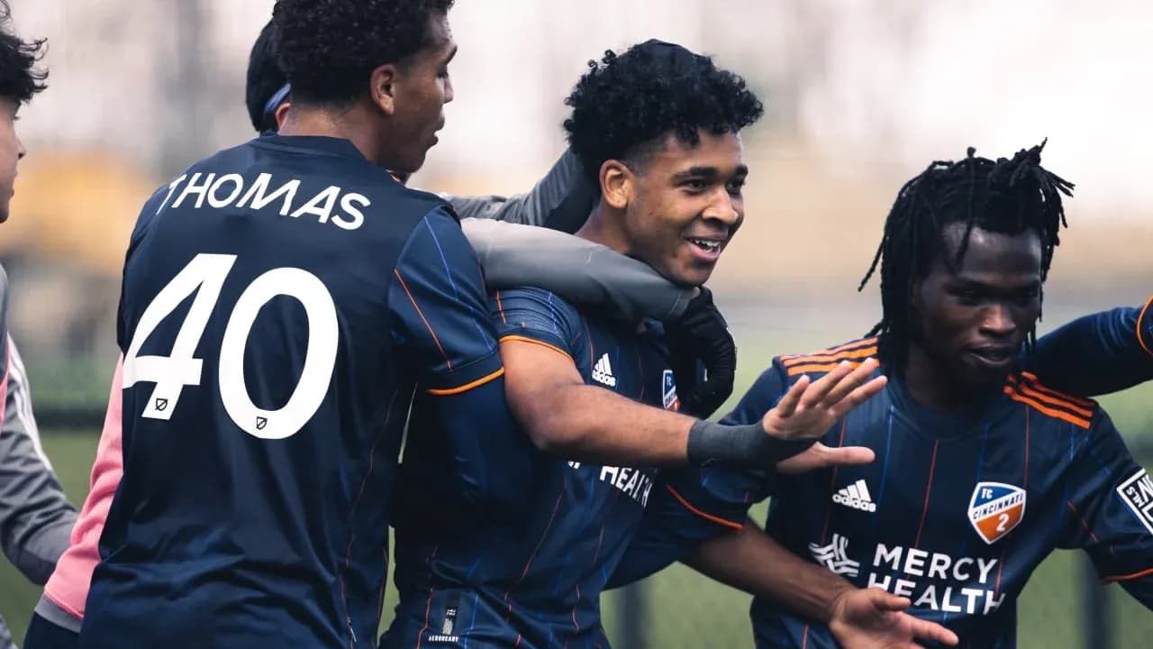 Players celebrating during FC Cincinnati II match
