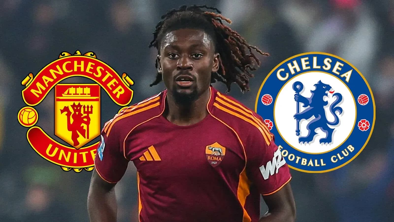 Player in AS Roma kit with Manchester United and Chelsea logos