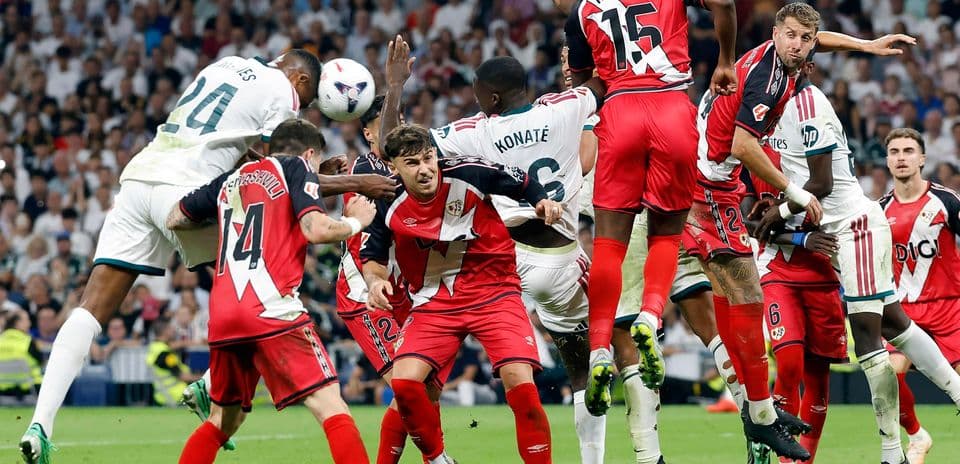 Players contesting for the ball during La Liga match