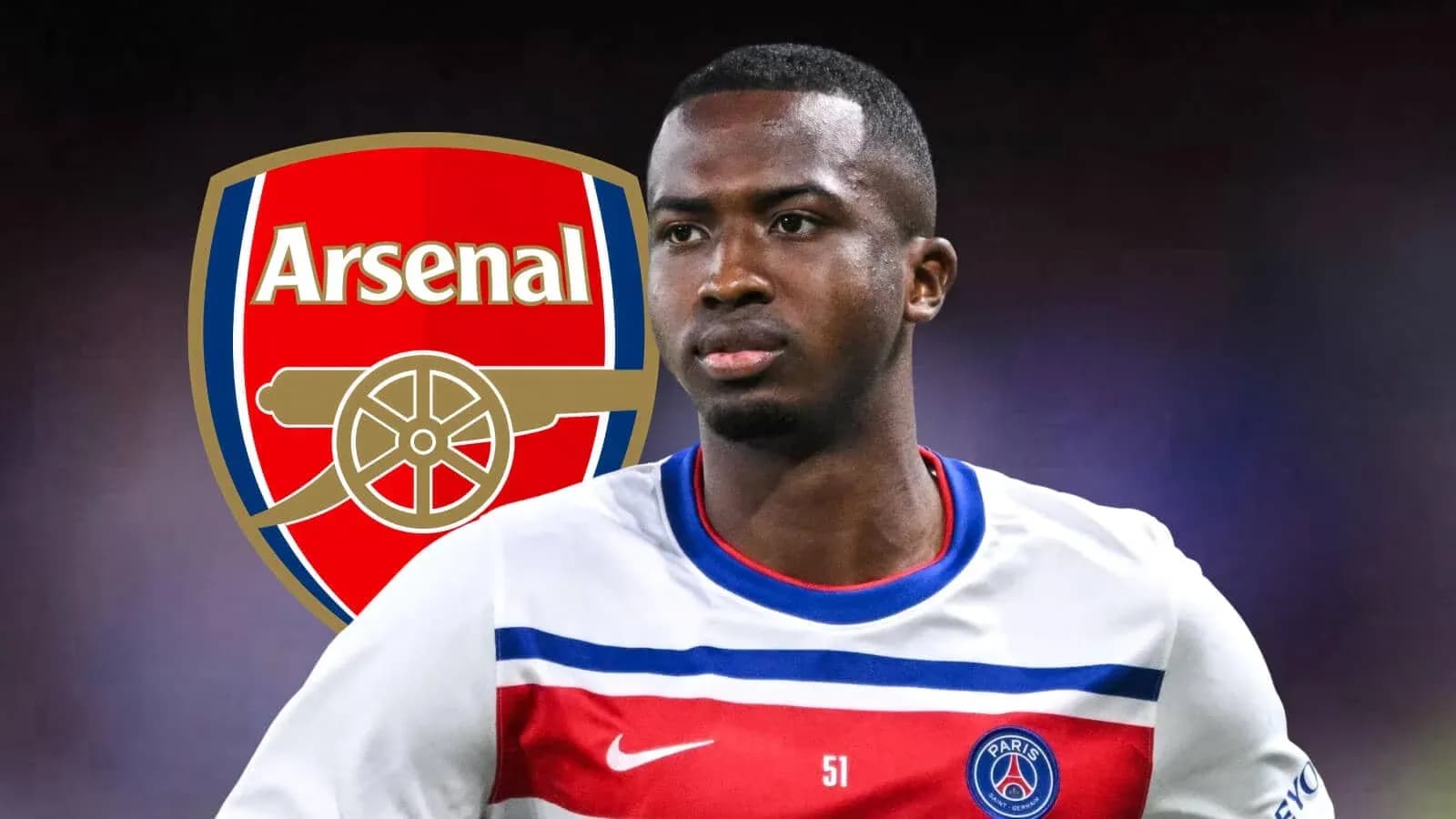 Player in PSG kit with Arsenal logo background