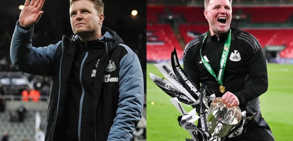 Manager celebrating with trophy and waving to fans