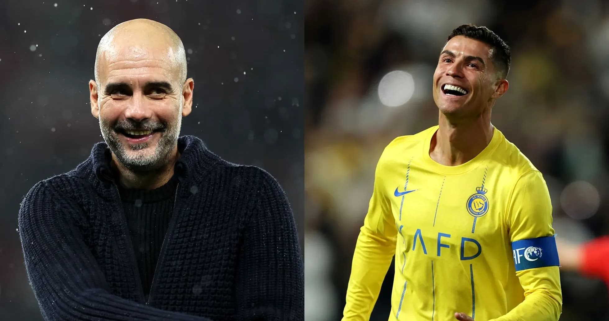 Pep Guardiola smiling beside Cristiano Ronaldo celebrating
