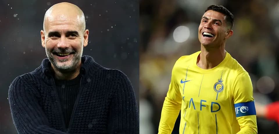 Pep Guardiola smiling beside Cristiano Ronaldo celebrating