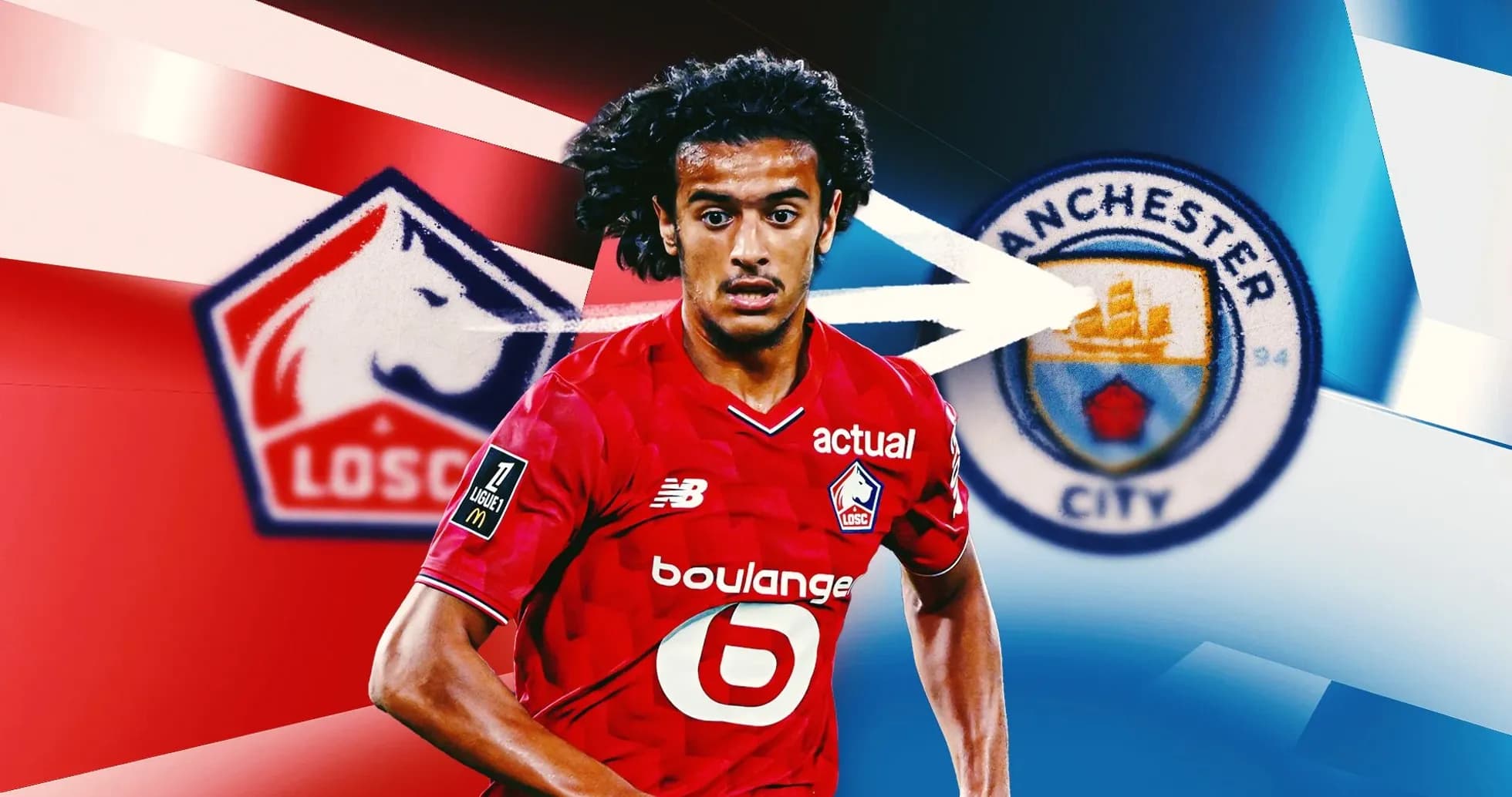 Player in LOSC kit with Manchester City logo background