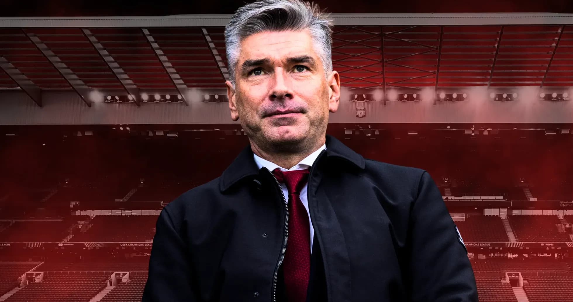 Coach standing in stadium with red background