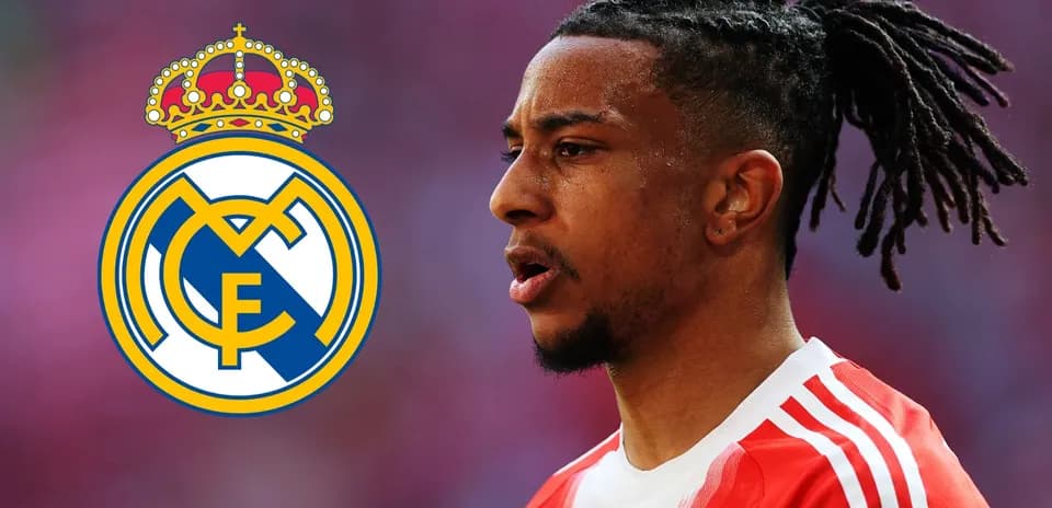 Player in red jersey with Real Madrid logo background
