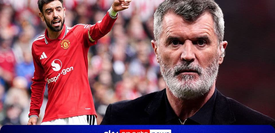 Bruno Fernandes gesturing during a match with Roy Keane