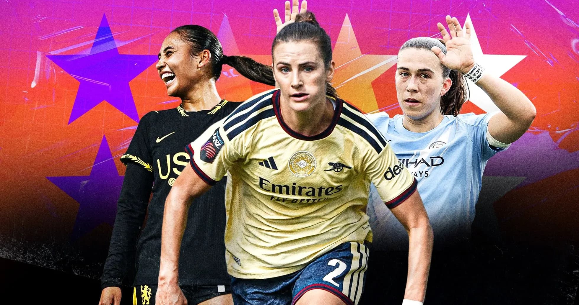 Three female soccer players in team jerseys posing
