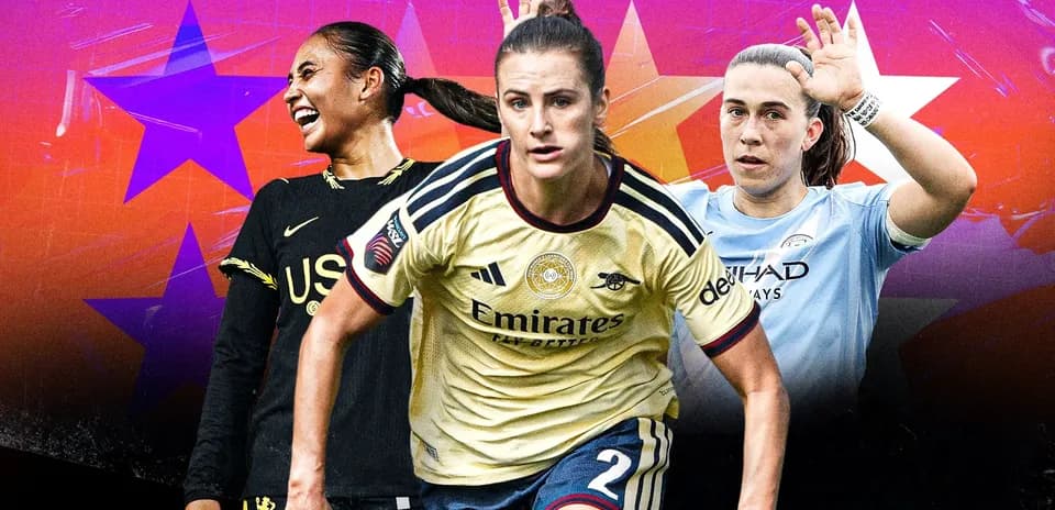 Three female soccer players in team jerseys posing