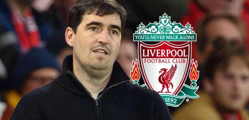 Man observing match with Liverpool FC logo in background