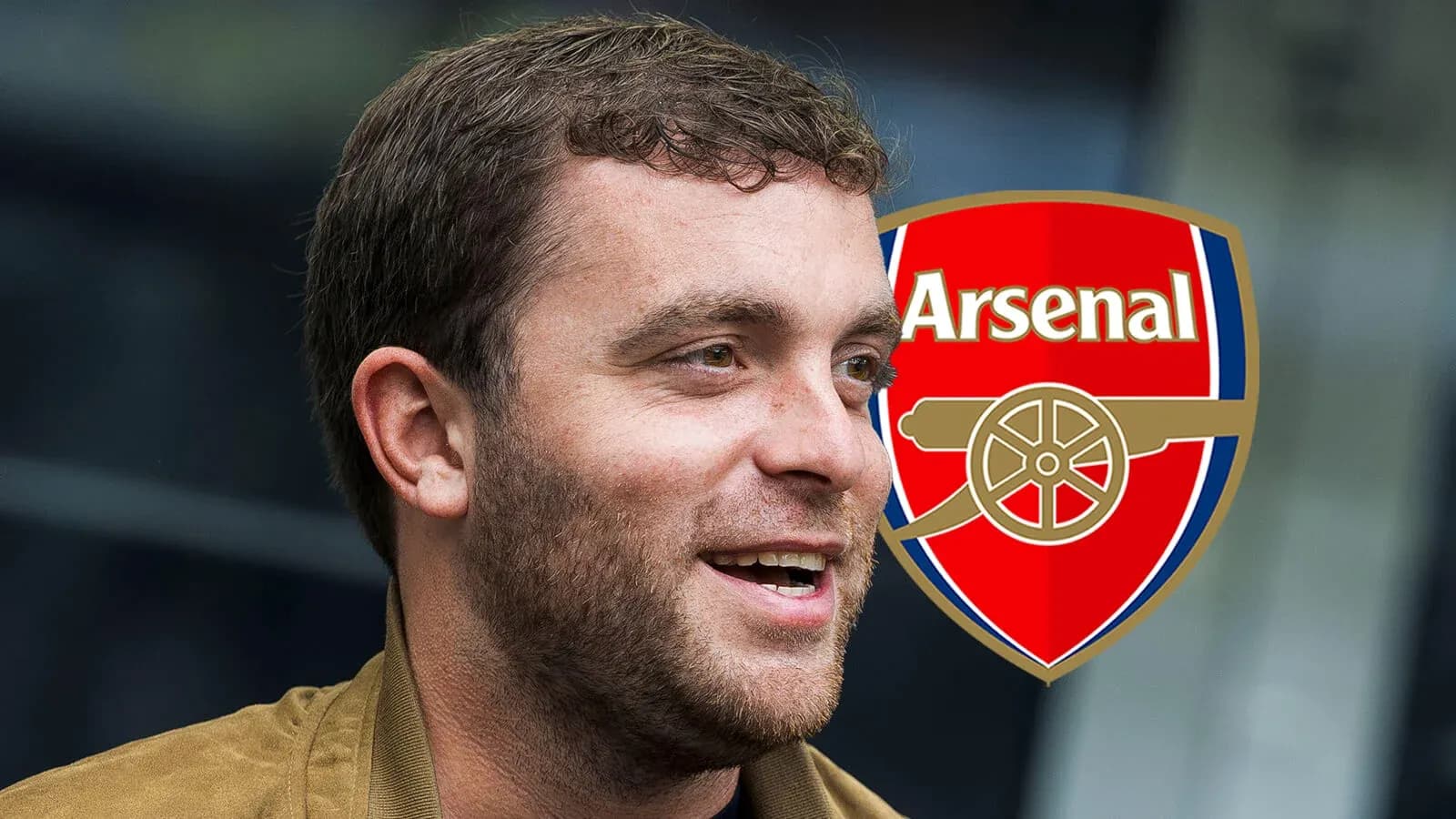 Person smiling with Arsenal logo in background