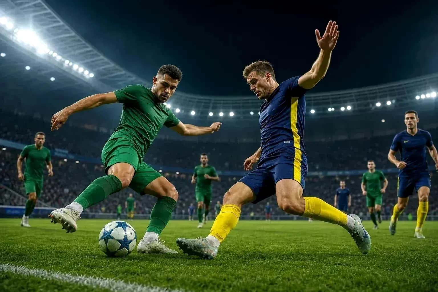 Players competing for the ball during UEFA match