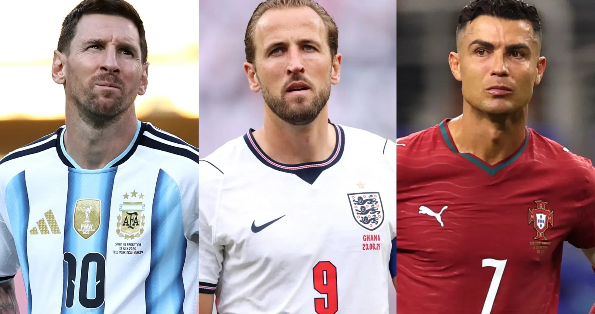 Lionel Messi, Harry Kane, and Cristiano Ronaldo posing