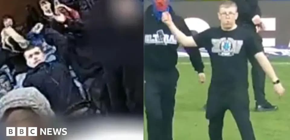 Crowd reaction during match and fan on pitch