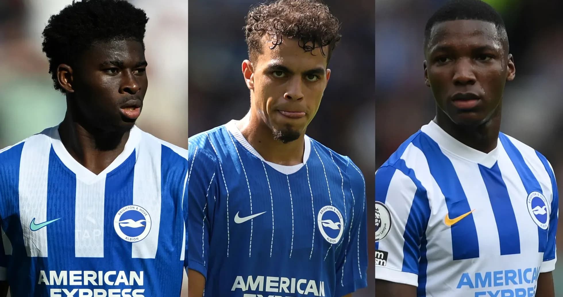 Three Brighton players in blue and white kits