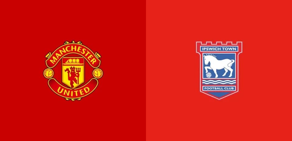 Manchester United and Ipswich Town logos on red background